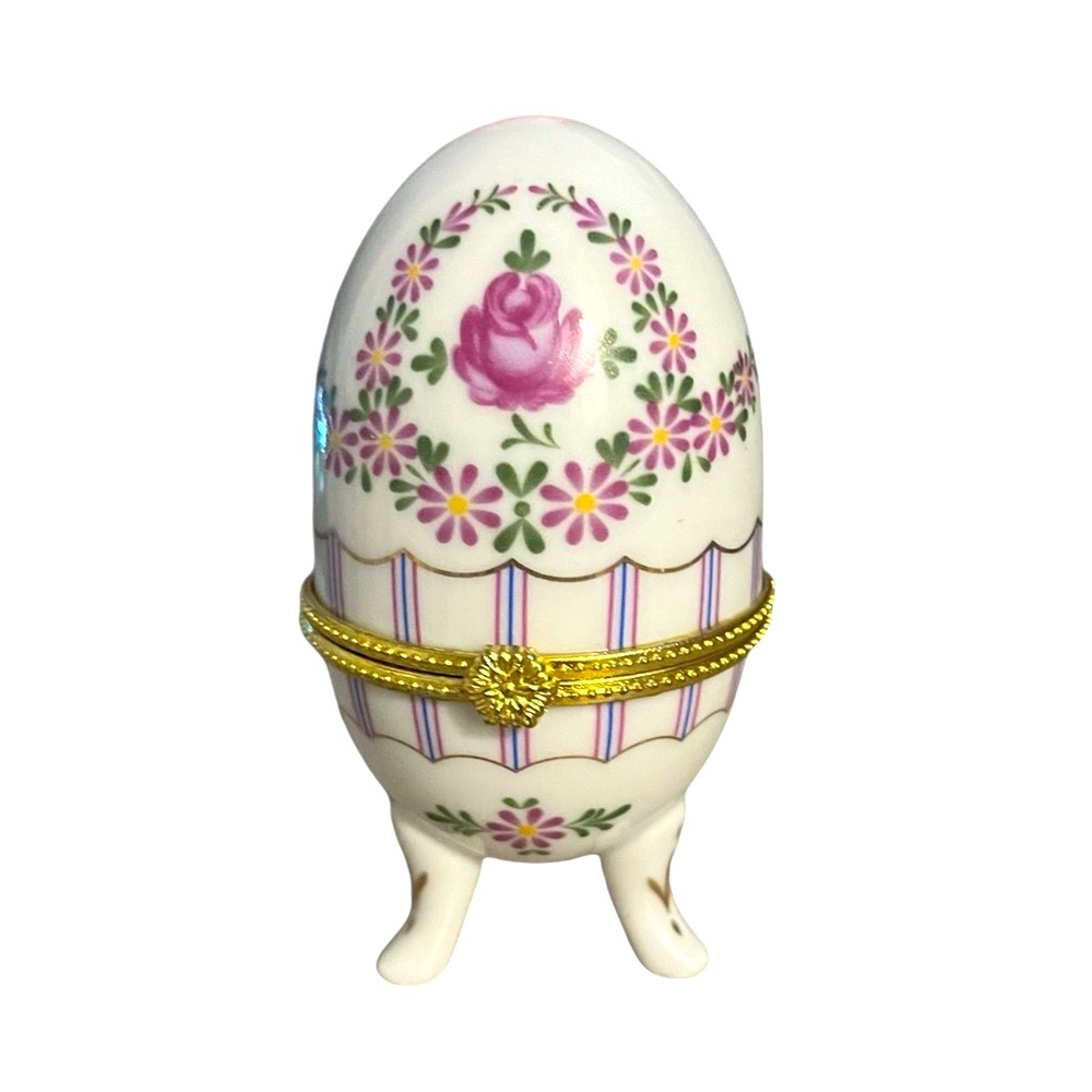 Vintage Faberge Porcelain Egg Trinket Box With Floral Design